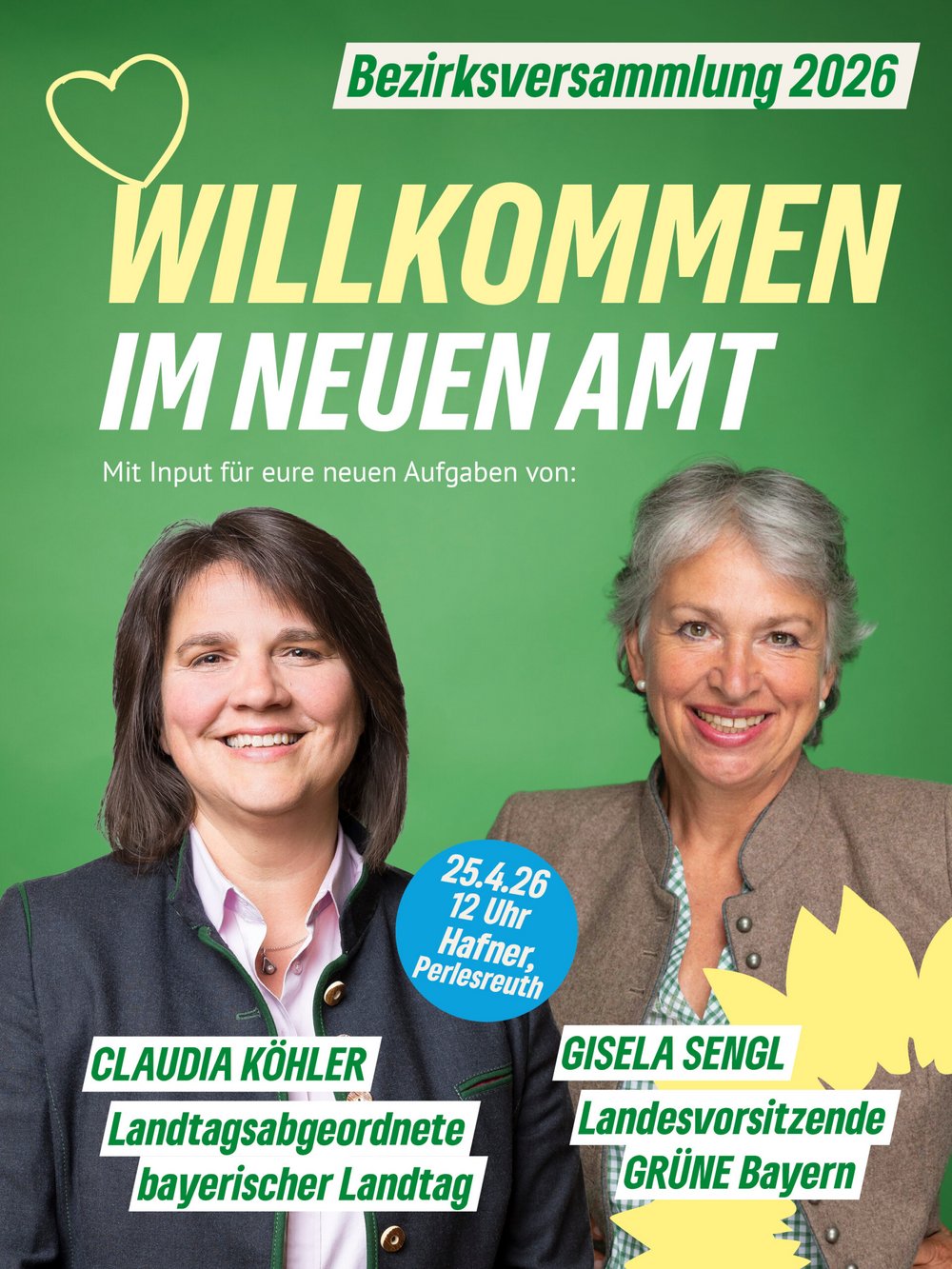 Einladung zur Bezirksversammlung am 25.4.2026 in Perlesreut. Claudia Köhler und Gisela Sengl werden einen Vortrag halten.