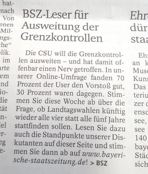 Verstoß gegen den Pressekodex: Am 29. März 2018 veröffentlichte die Bayerische Staatszeitung ein willkürlich zustande gekommenes Ergebnis, bei dem der Eindruck entstehen konnte, Basis sei eine repräsentative Umfrage. 