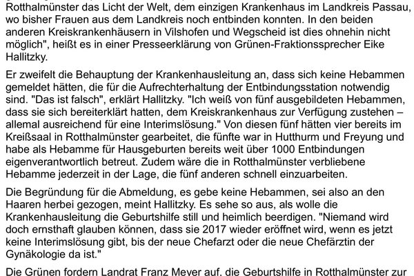 Geburtshilfe Rotthalmünster Grüne Passau Land