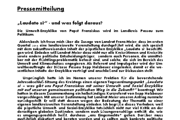 Umwelt-Enzyklika Laudato si Gruene Passau Land