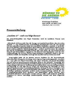 Umwelt-Enzyklika Laudato si Gruene Passau Land